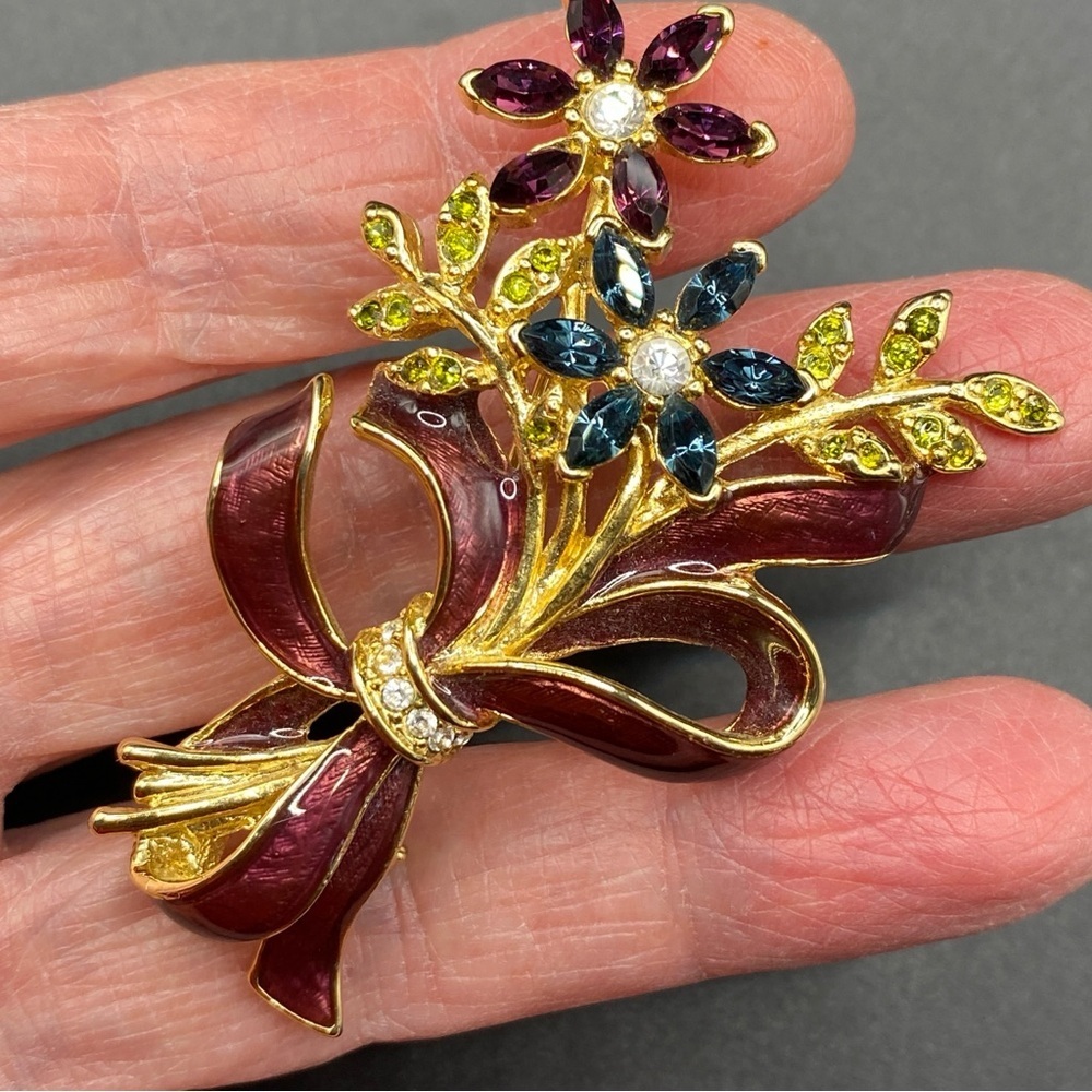 Vintage MONET Rhinestone & Enamel Floral Goldtone Signed Celebration Brooch